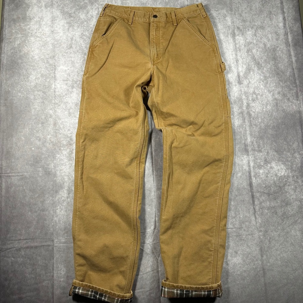VTG Carhartt Mens Flannel Lined Duck Canvas Carpenter‎ Pants Tan Workwear 30x35